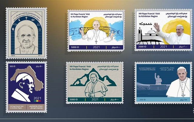 صور.. إصدار طوابع بريدية خاصة ترمز لزيارة بابا الفاتيكان إلى إقليم كوردستان Papa.P1